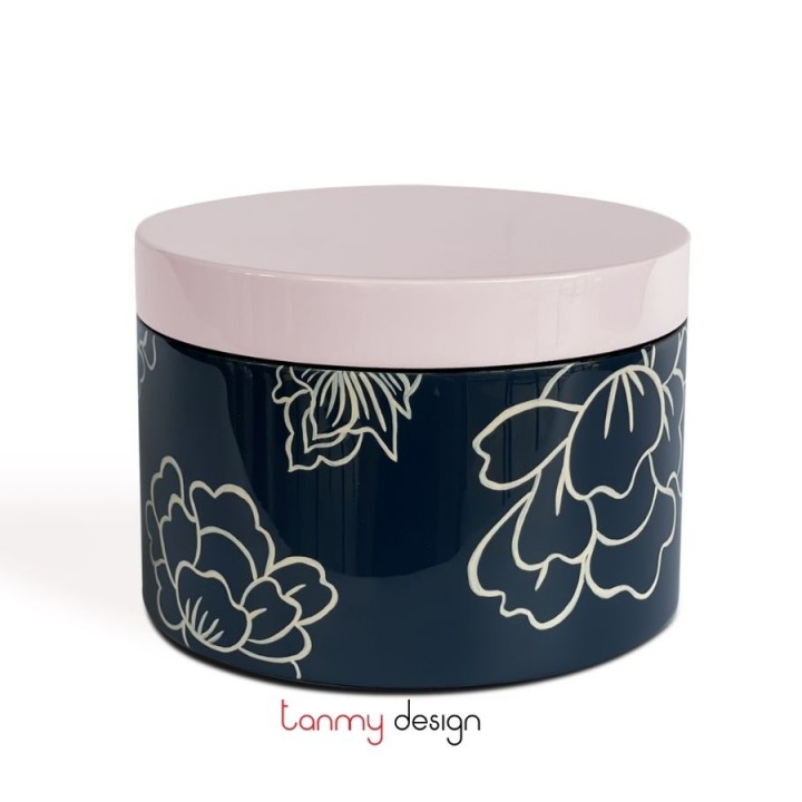 Round navy/light pink lacquer box printed with peonies D15*H10cm